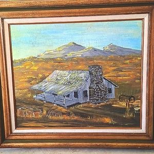 LARGE  VINTAGE Rustic  Farm  House oil painting in wood frame  with  liner